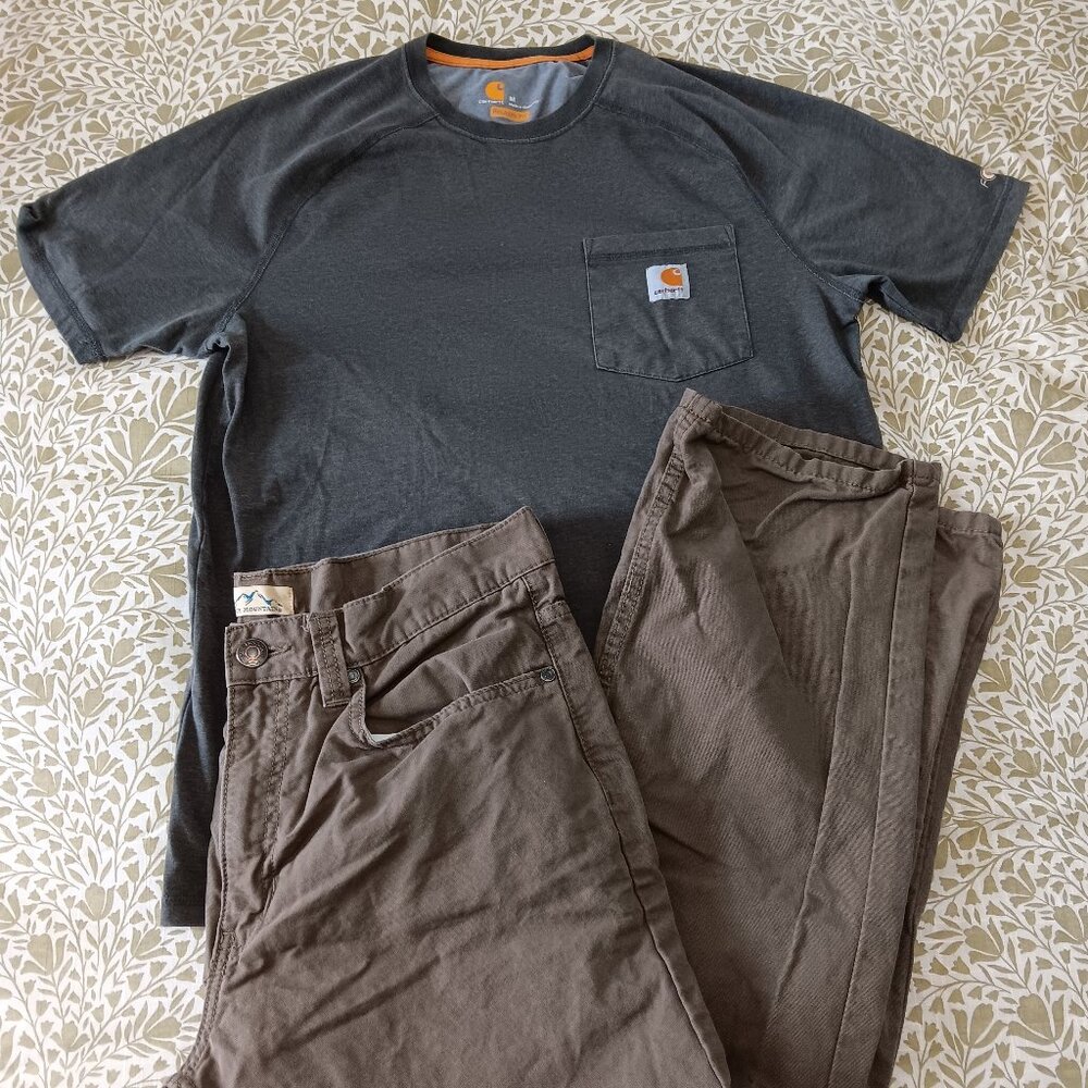 Mens carhartt workwear bundle force 34x32 medium tshirt work pants blue mountain